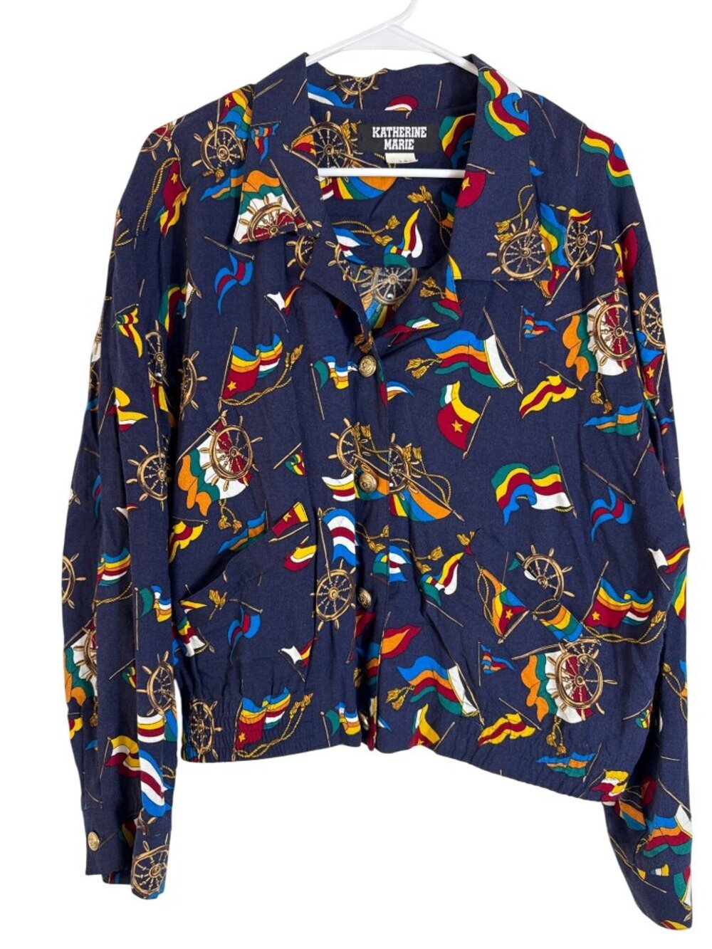 Vintage Spring Nautical Print Button-Up Shirt Size 14 Navy Katherine Marie